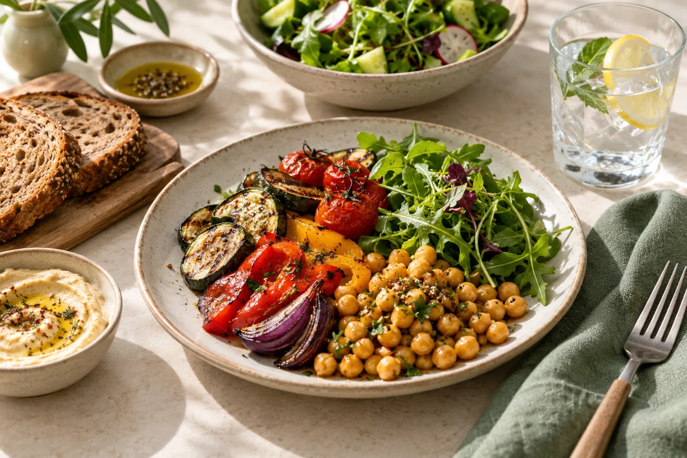 Sebze, nohut, salata ve tam tahıllı ekmekten oluşan öğün